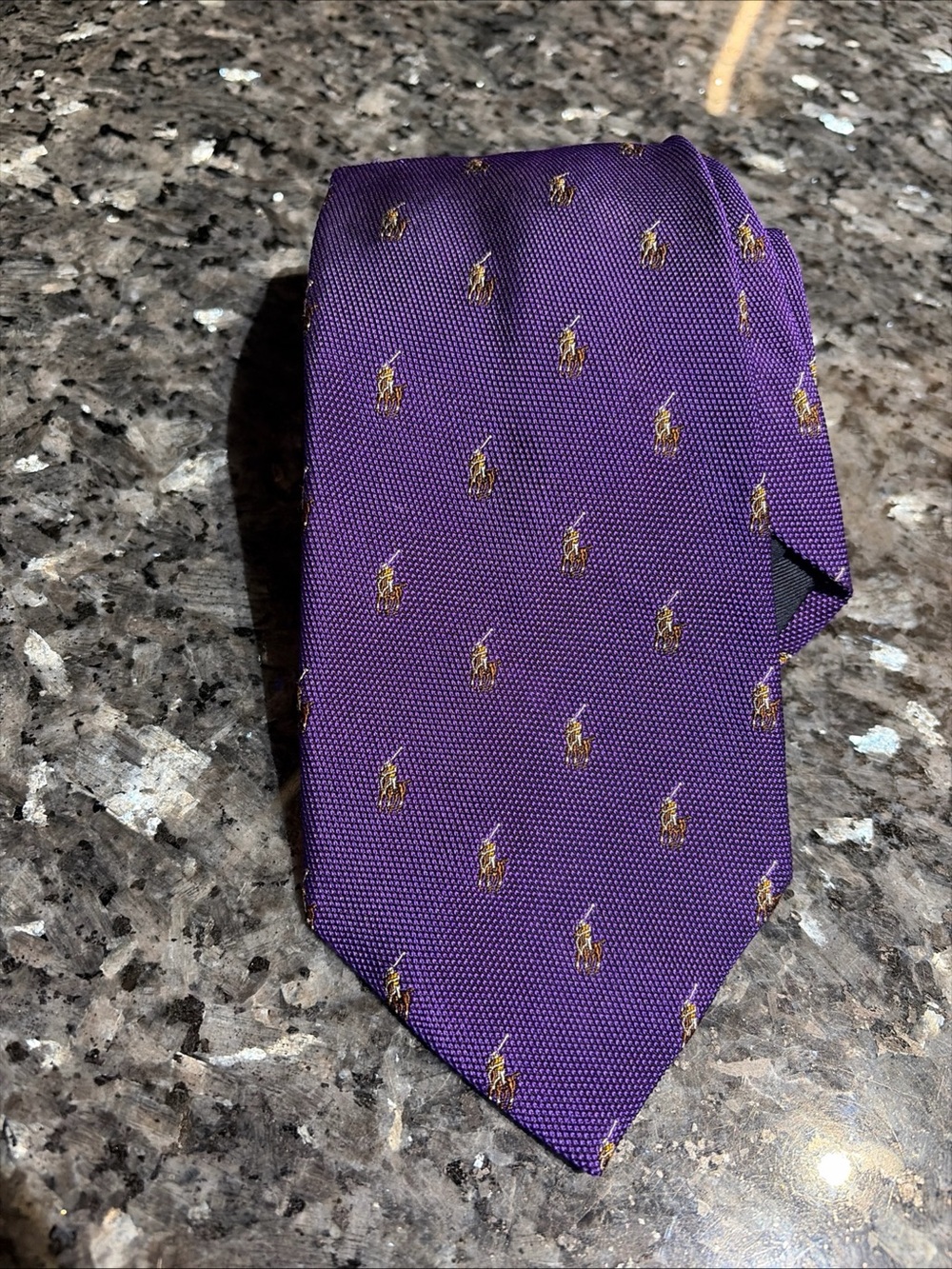 Vintage Polo Ralph Lauren Mens Tie Purple Pony AOP Silk Hand Made Italy Preppy